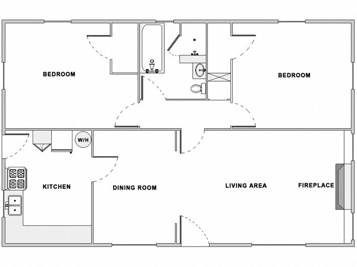 Floor plan for 2 beds, 1 bath, 930 sqft